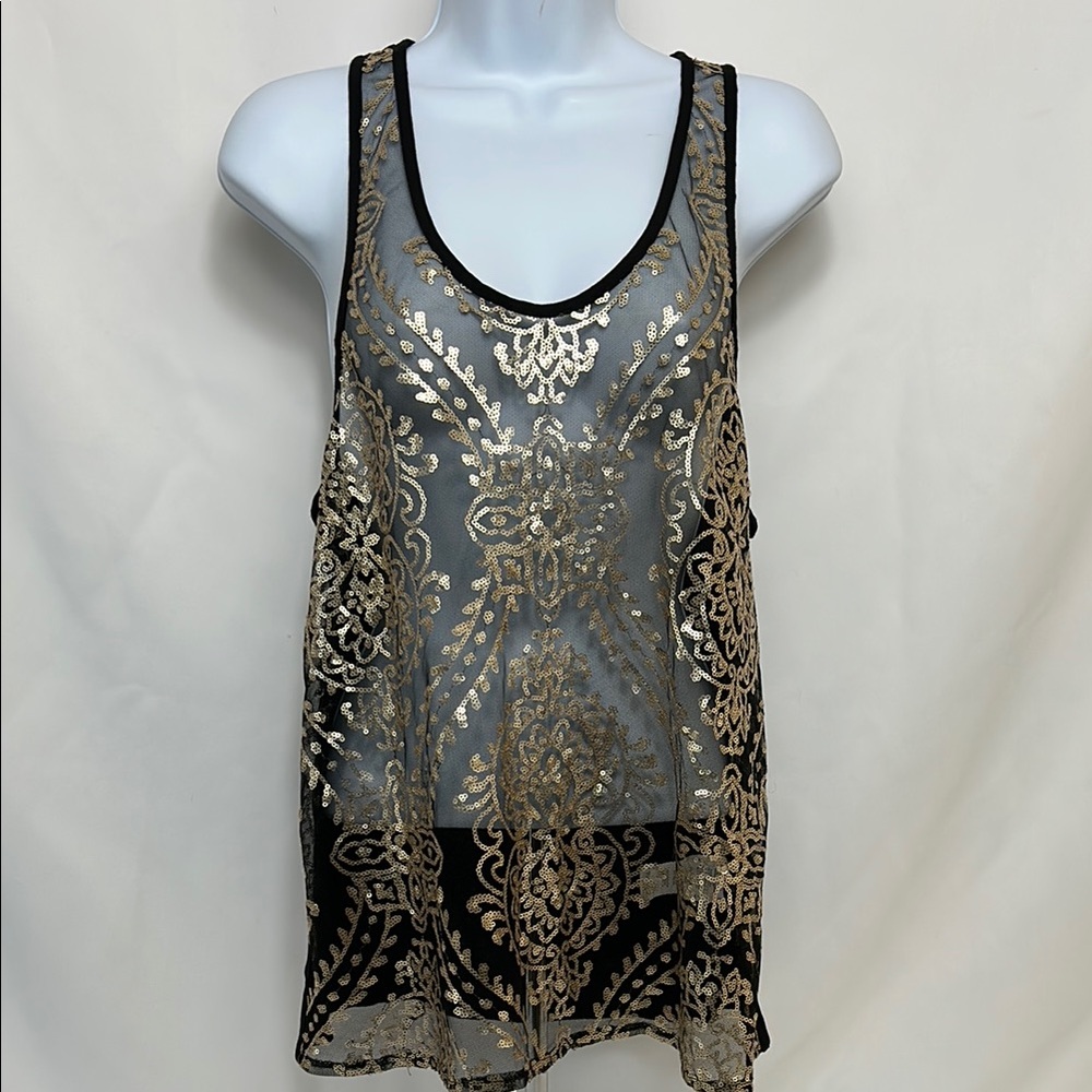 Karen Kane Women’s Size Small Sheer Black and Gold Tank Top Sleeveless Pullover